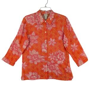 Sigrid Olsen Button Down M Orange Pink Floral Cotton Gauze Sheer 3/4 Sleeve Top